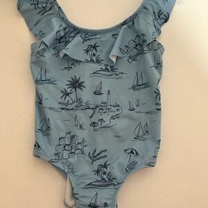 Zara Blue Ruffled One-Piece Swimsuit Toddler 12-24 months boats